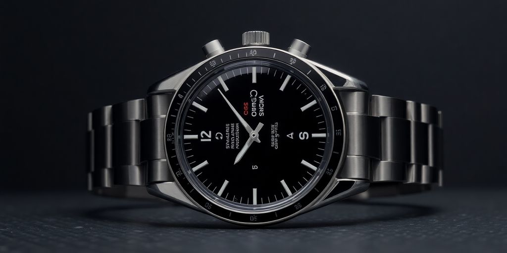 Close-up of an Omega Speedmaster watch on a dark background.