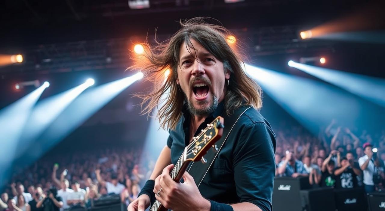 A dynamic portrait of Dave Grohl performing on stage, with intense lighting and a lively crowd in the background, showcasing his signature long hair and passionate expression, surrounded by electric guitars and amplifiers, capturing the essence of rock music.