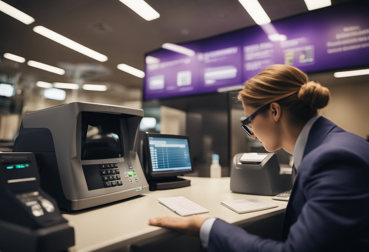 A security camera captures a bank teller using ultraviolet light to inspect a check for security features before processing it