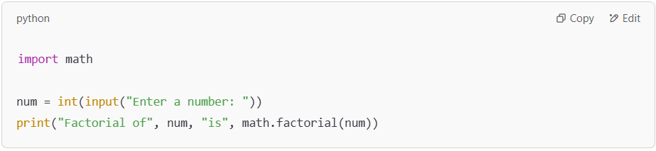 Factorial calculation using Python’s math module.