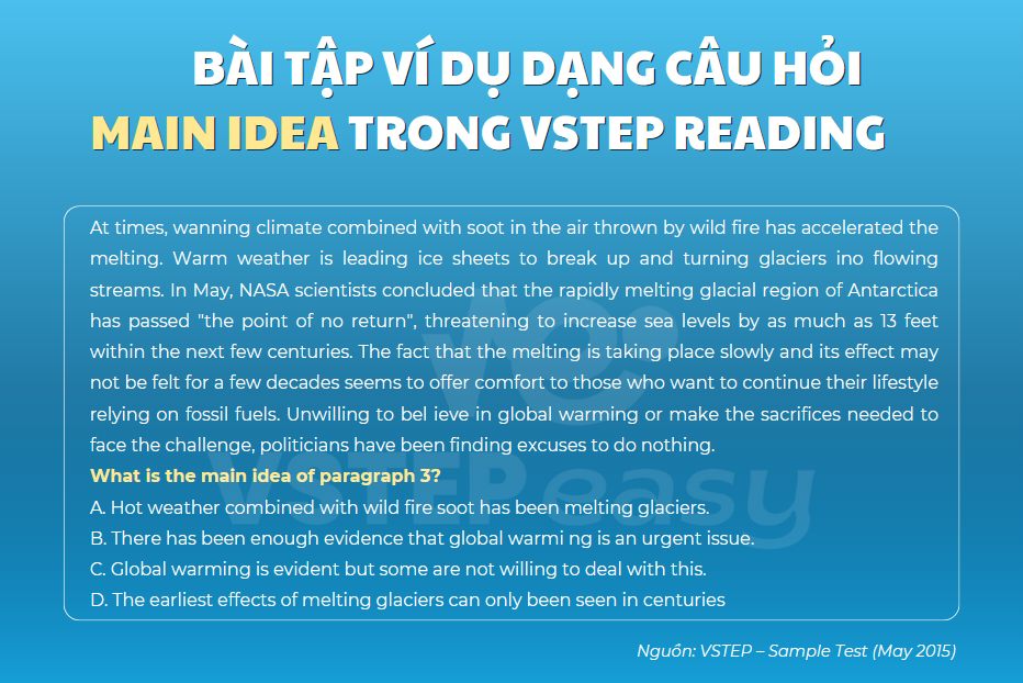 Bài tập ví dụ dạng câu hỏi Main Idea trong VSTEP Reading