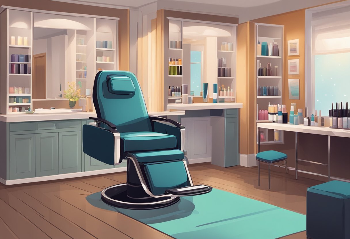 A cozy salon room with a reclining chair, soft lighting, and a table of tinting supplies. A professional stands ready to perform a lash tinting service