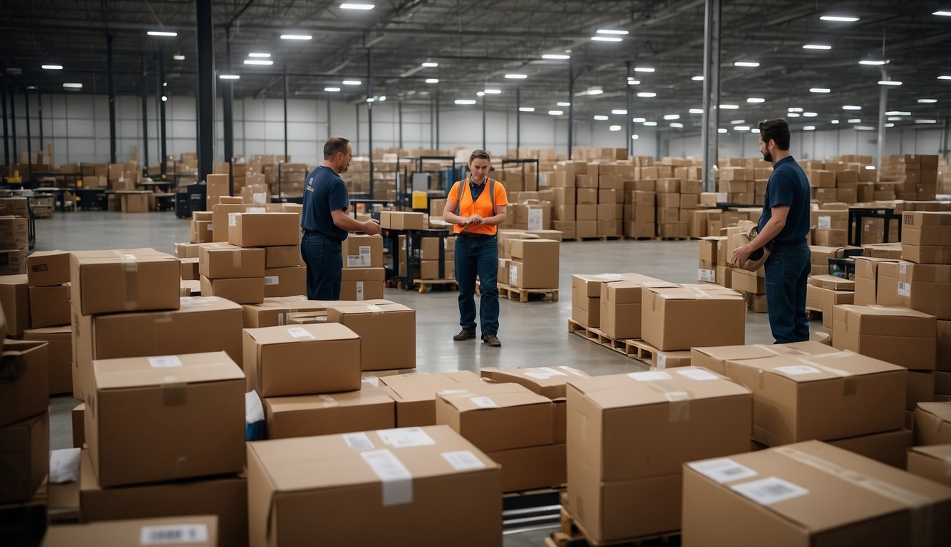 A warehouse with SBA items stacked in one area and FBA items in another, with Amazon workers sorting and packing orders for shipment