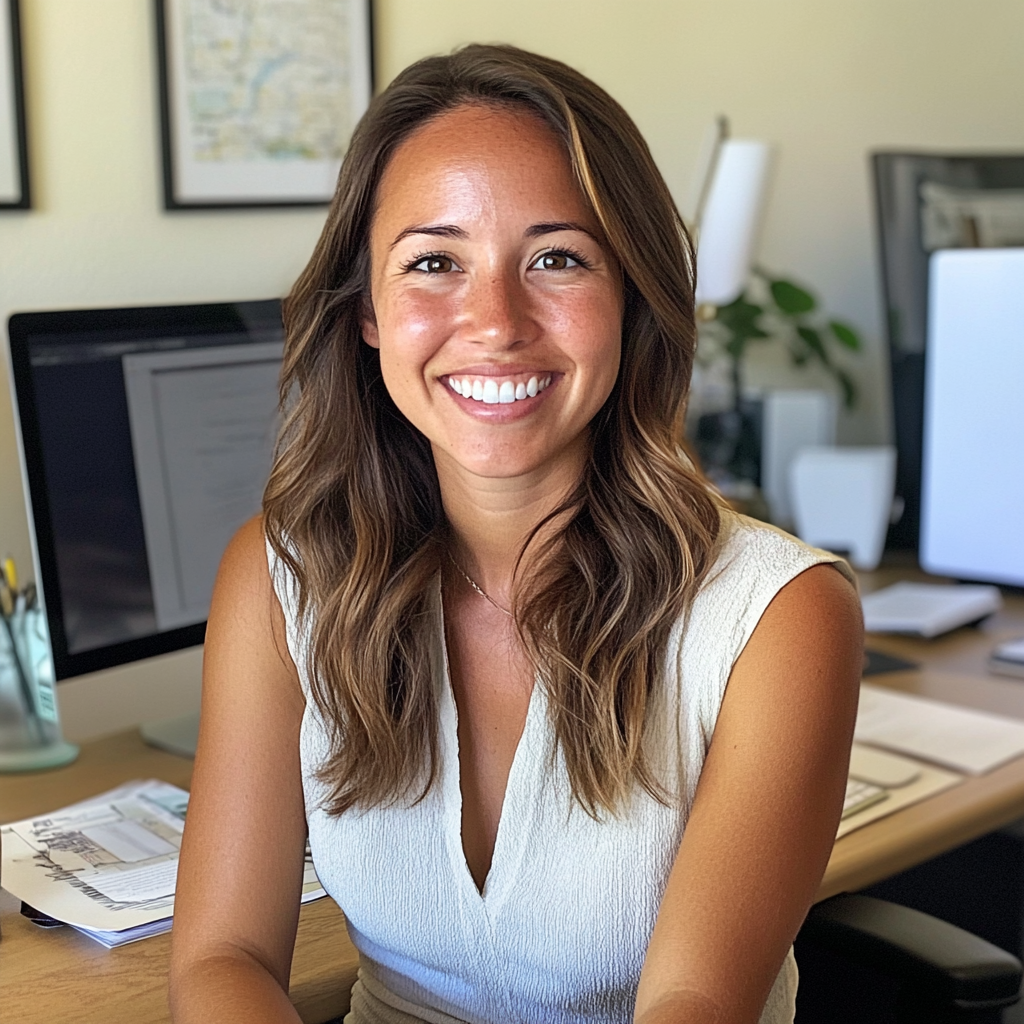 A smiling woman sitting at her desk | Source: Midjourney