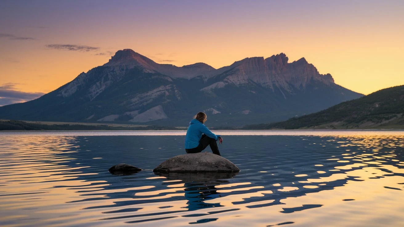 A person enjoying a sunset view in nature, reflecting on their journey with visual elements representing long-term benefits