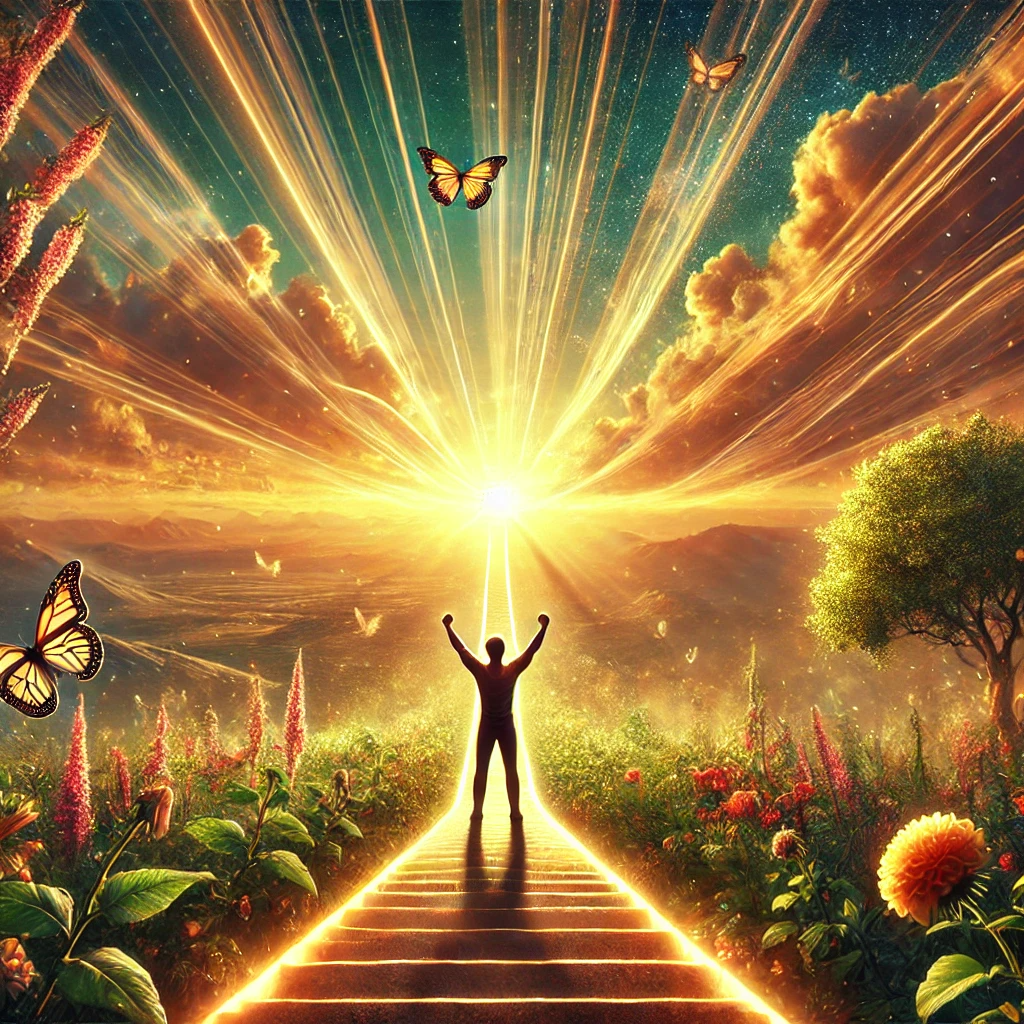 A person standing triumphantly at the end of a glowing path, facing a radiant, expansive horizon that symbolizes limitless possibilities and fulfillment. The surroundings are filled with lush greenery, blooming flowers, and fluttering butterflies, representing growth, achievement, and beauty. The sky is filled with warm, golden light, with rays shining down, creating an ethereal and inspirational atmosphere. The person's posture is strong and proud, with their arms slightly raised, as if embracing the future. The overall scene conveys a sense of accomplishment, purpose, and readiness to embrace life's journey.