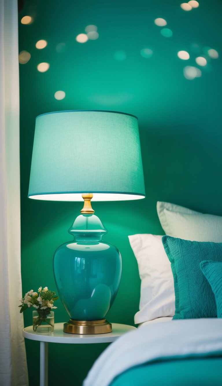 An aqua green table lamp illuminates a serene green bedroom, creating a calming and tranquil atmosphere