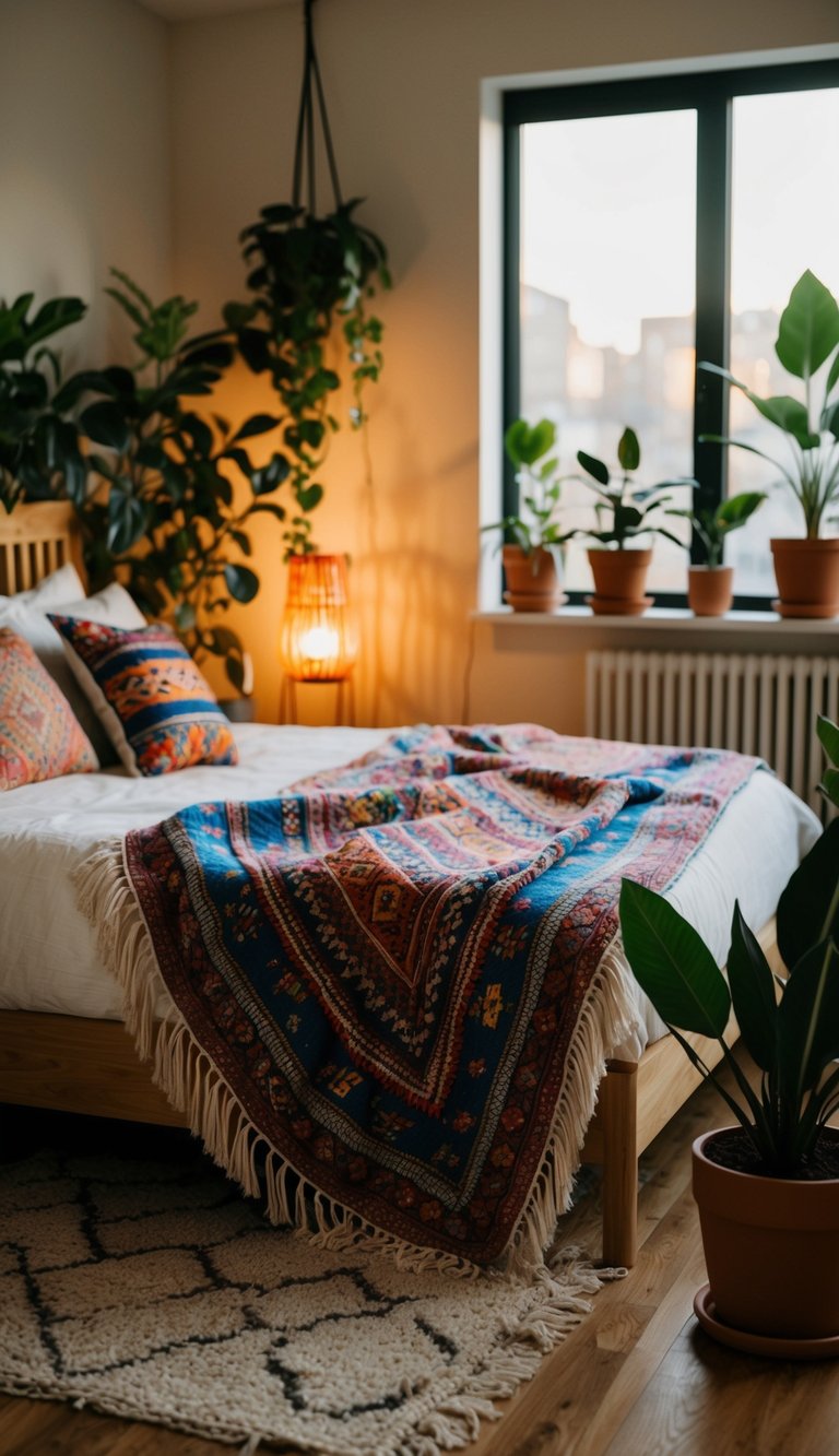 A cozy boho bedroom with a colorful ethnic print throw blanket draped over a bed, surrounded by plants and warm lighting