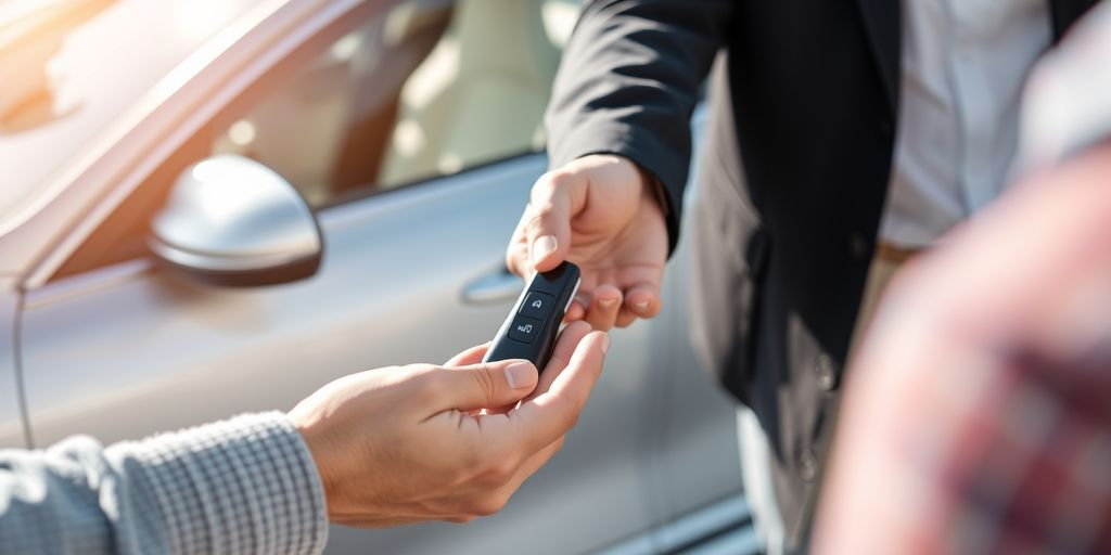 Person handing car key to another person.