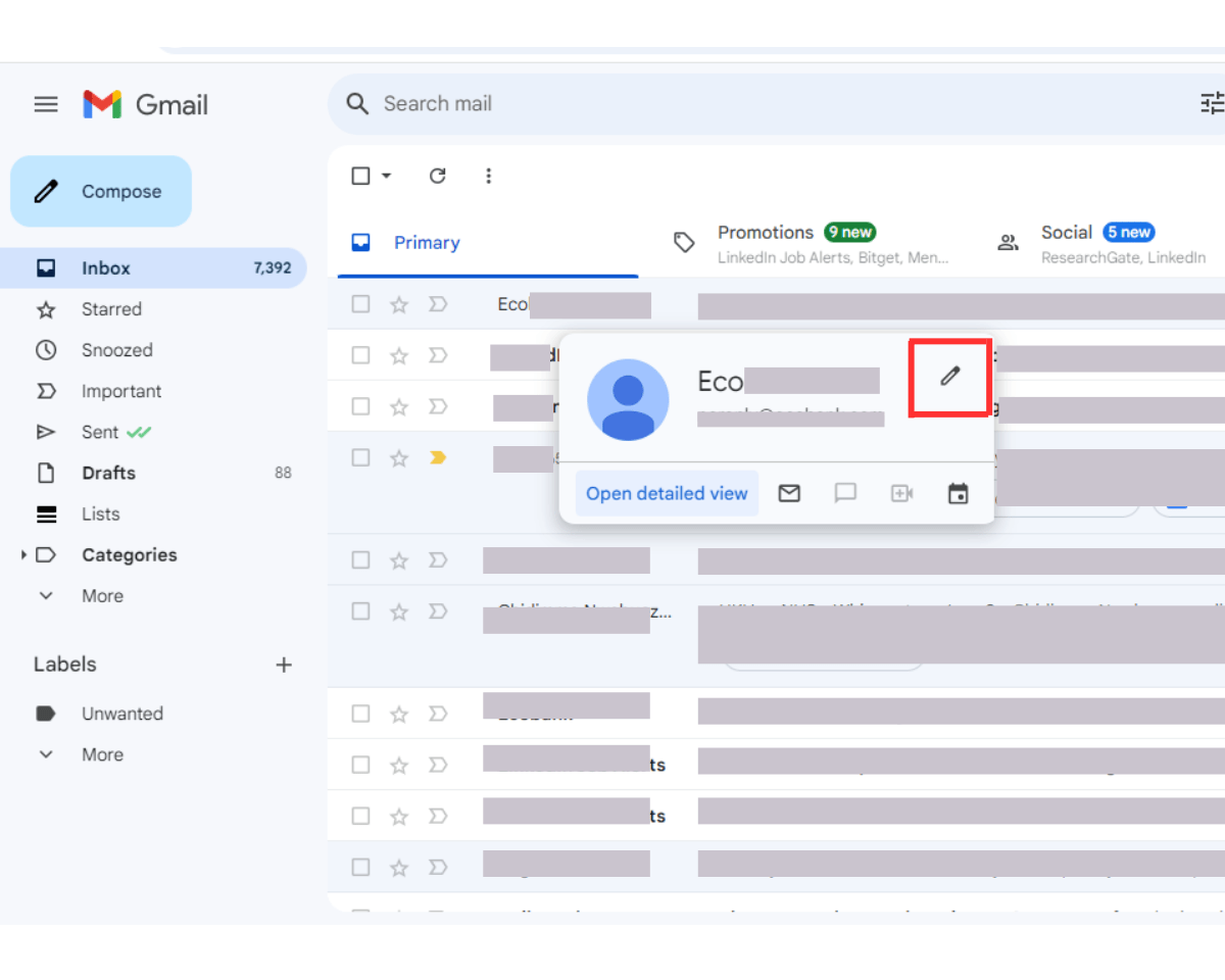 How to add contact to Gmail using an email: After the contact is added, the Add to contact icon changes to Edit icon
