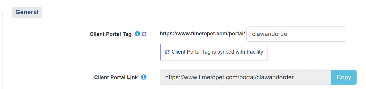 screenshot of client portal tag and link in portal settings