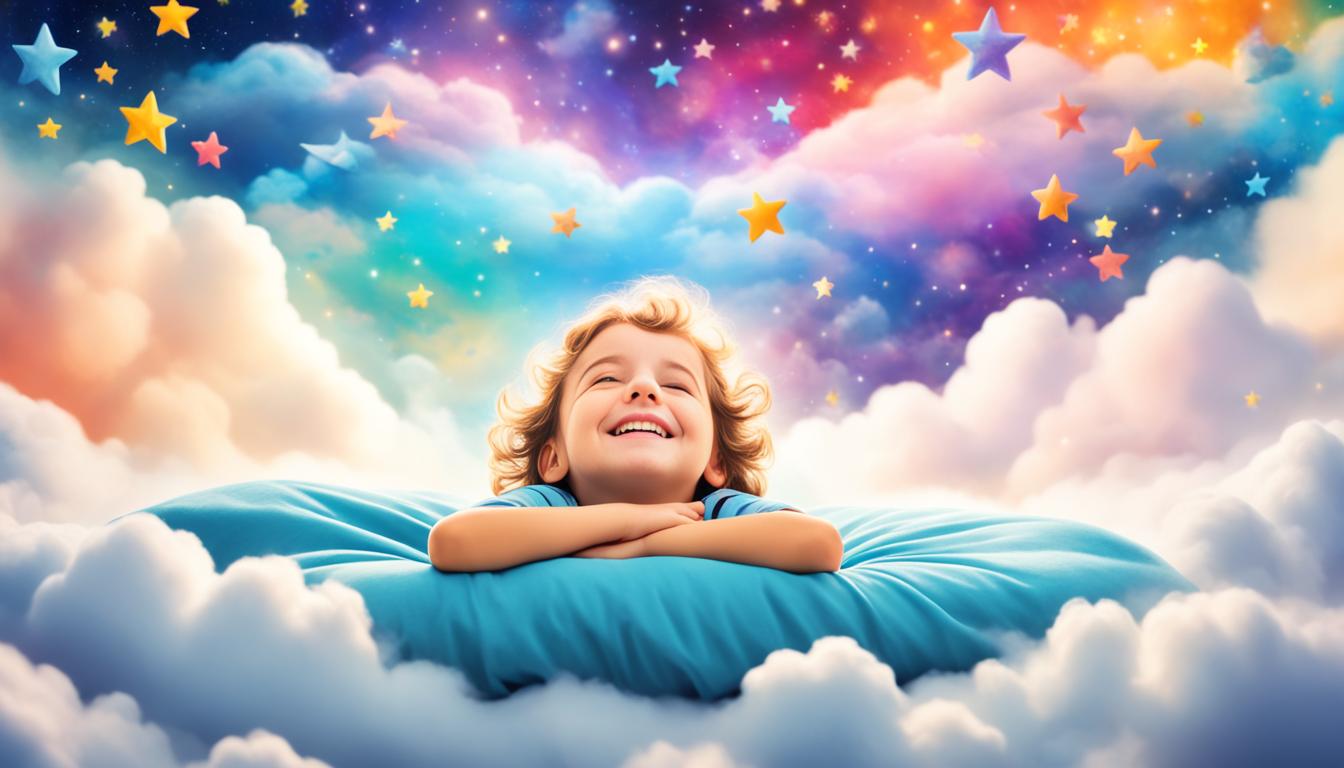 A child resting on a bed surrounded by clouds, with their arms wide open and a smile on their face as if they are embracing the universe. In the background, there are colorful stars in the sky, symbolizing the child's dreams and aspirations.