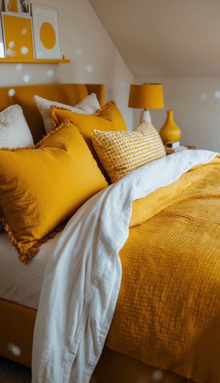 A cozy bedroom with a mustard yellow bedspread, surrounded by yellow decor and accents