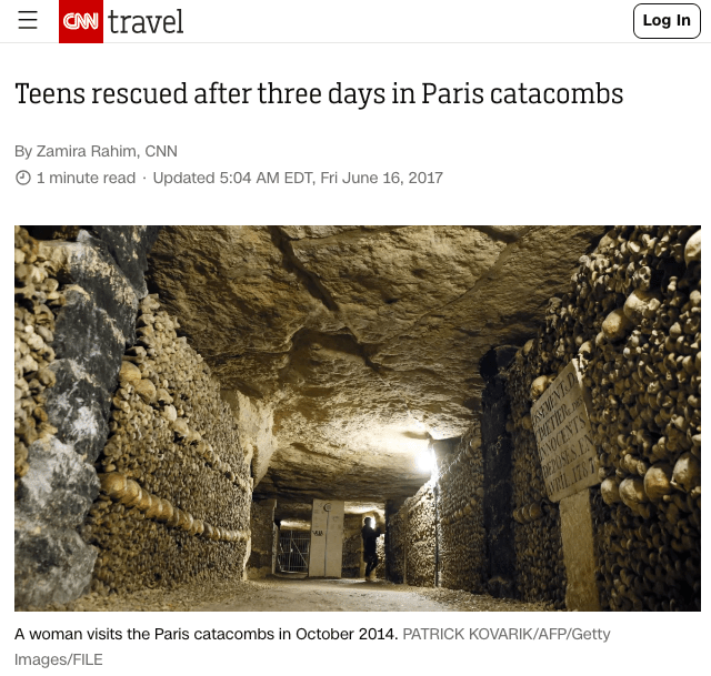 News story about teens lost in the Paris catacombs on CNN