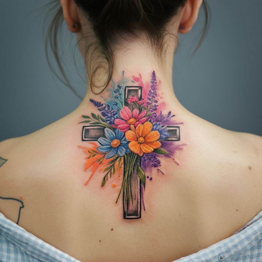 Cross with Flowers Tattoo on back