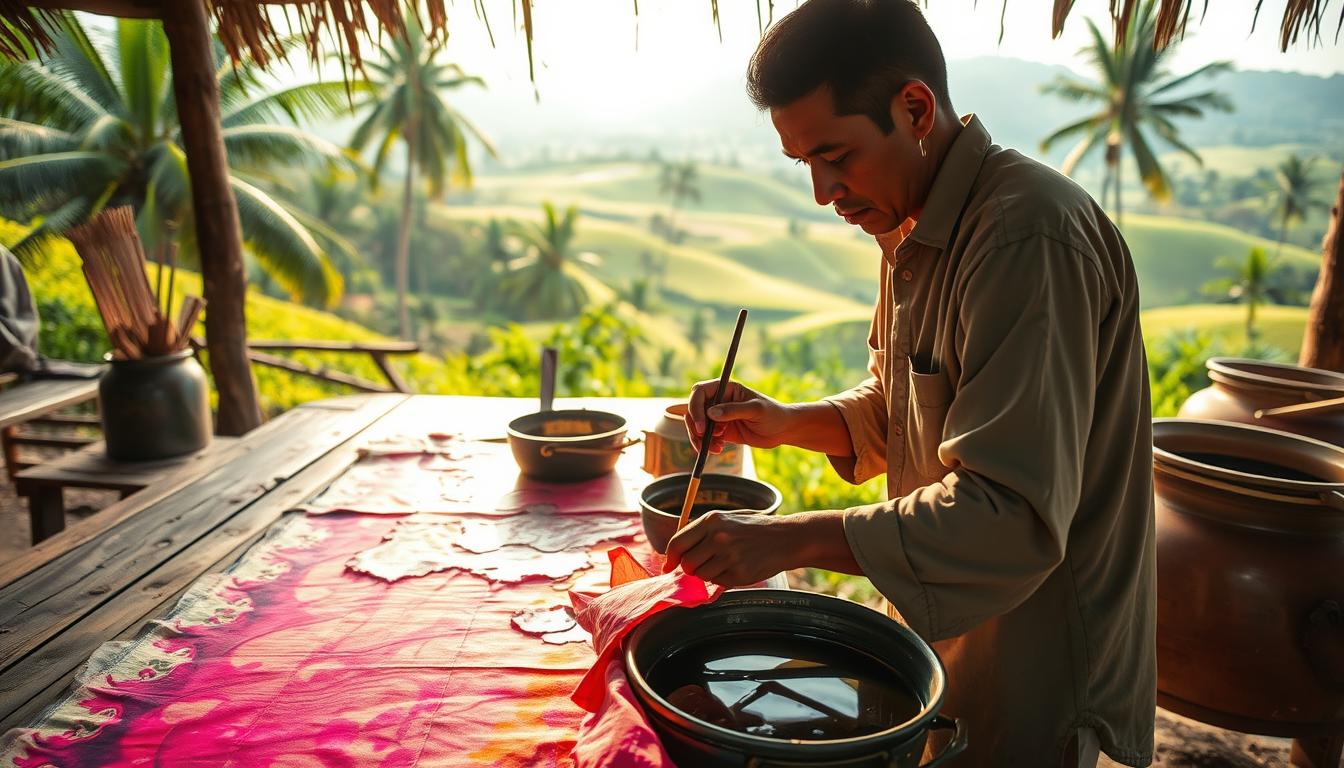 A beautifully lit, wide-angle shot of a traditional batik dye process in a serene Malaysian countryside setting. In the foreground, a skilled artisan carefully drips and brushes vibrant, organic dyes onto a delicate fabric, the colors blending and flowing with graceful precision. The middle ground reveals a well-worn wooden table, wooden tools, and simmering dye vats, while the background showcases a lush, verdant landscape of rolling hills and swaying palm trees, bathed in warm, diffused sunlight. The scene evokes a sense of timeless craft, sustainable practice, and harmony between tradition and nature.