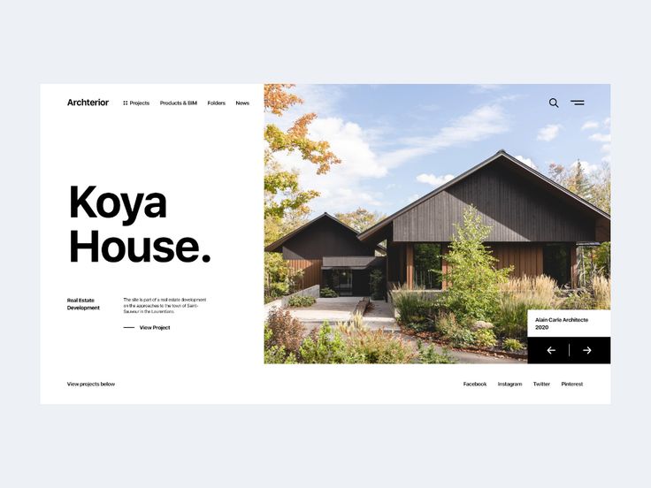 A modern architecture webpage showcasing "Koya House" by Archterior. The left side features the title, description, and navigation options focused on UI/UX design. The right side displays a stylish, contemporary house with a dark exterior and landscaped surroundings.