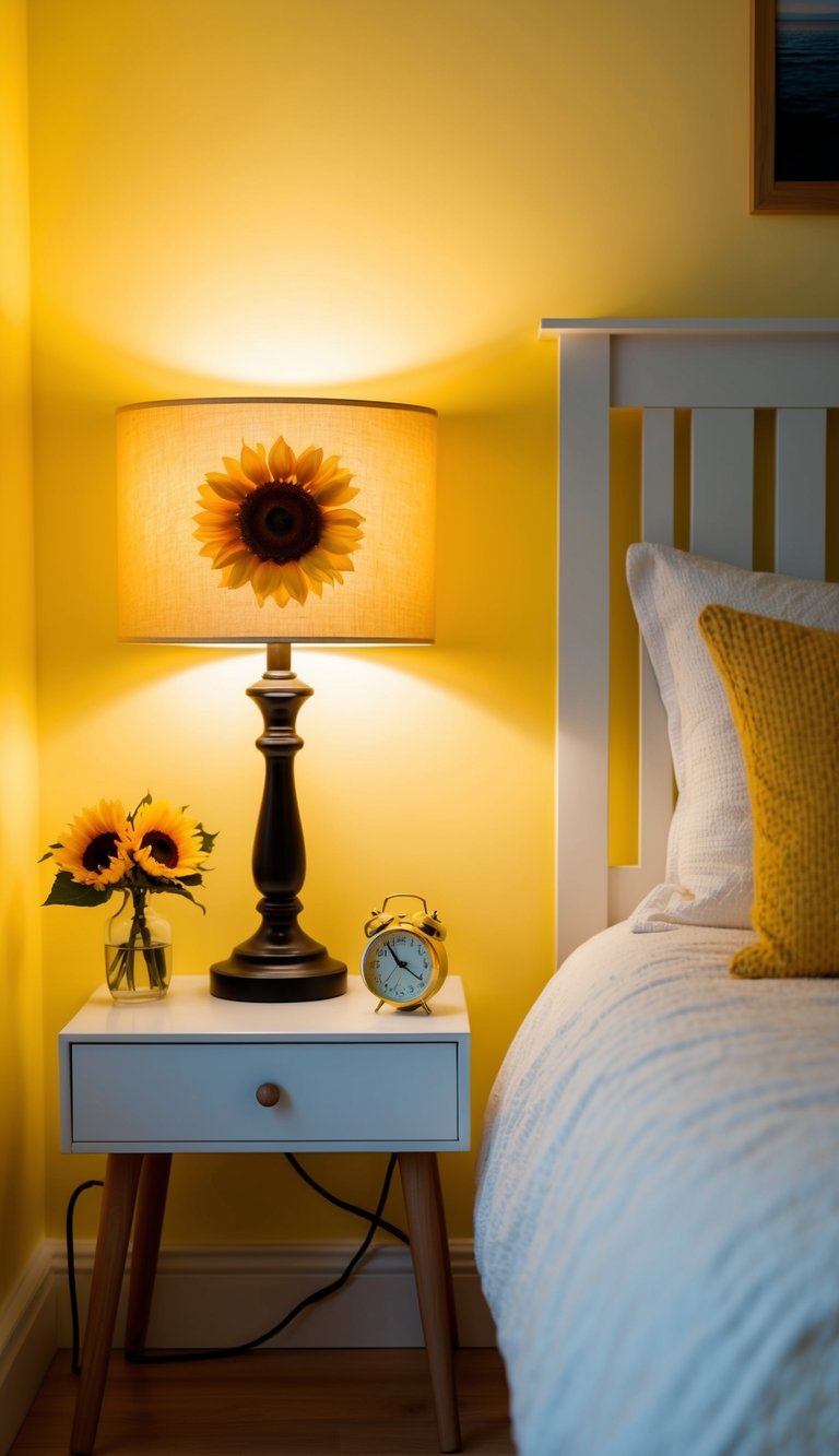 A cozy yellow bedroom with a sunflower table lamp casting a warm glow on a bedside table, creating a cheerful and inviting atmosphere