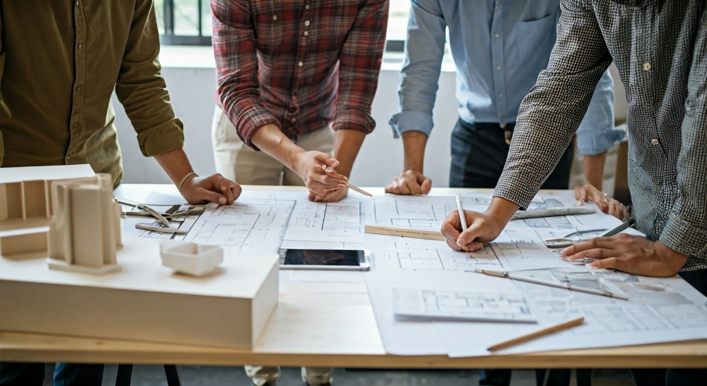 Architects collaborating on apartment designs