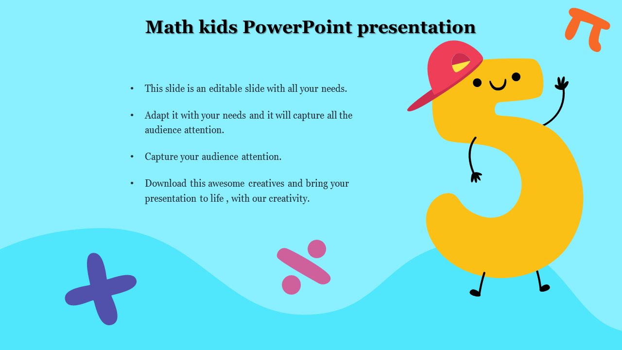 Math kids PowerPoint slide featuring a smiling number 5 wearing a red cap, surrounded by math symbols on a blue background.