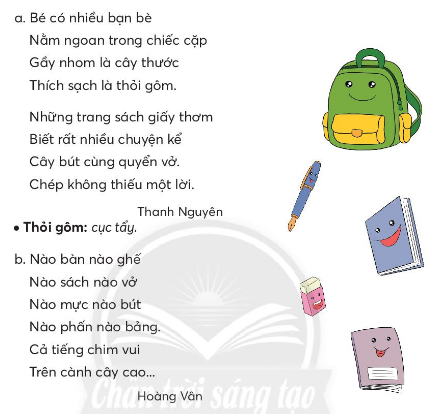 BÀI 3: KHI TRANG SÁCH MỞ RAKHỞI ĐỘNGCâu hỏi: Chia sẻ với bạn một vài điều thú vị em đọc được từ sách theo gợi ý:thông tinbài học...Giải nhanh:Học sinh tự trả lời.KHÁM PHÁ VÀ LUYỆN TẬPCâu 1: Đọc: Khi trang sách mở ra1. Mỗi sự vật dưới đây có ở khổ thơ nào?2. Theo em, bạn nhỏ có thể nghe được những gì từ sách?3. Nhà thơ muốn nói với các bạn nhỏ điều gì?Trả lời: 1. 2. Theo em, bạn nhỏ có thể nghe được từ sách: dạt dào như sóng vỗ.3. Nhà thơ muốn nói với các bạn nhỏ: trong sách chứa đựng rất nhiều điều chờ em khám phá.Cùng sáng tạo: Vui cùng sách báoNói về một cuốn sách hoặc tờ báo mà em thích.Mẫu: Báo Nhi đồng có nhiều mẩu chuyện rất hay và thú vị.Giải nhanh:Vui cùng sách báoBáo Dân trí có rất nhiều tin tức hay mỗi ngày.Câu 2: Viết: Ong chăm làm mật.Giải nhanh:Học sinh tự viết Câu 3: Tìm từ ngữ chỉ đồ vật trong các đoạn thơ dưới đâyGiải nhanh:Cặp, thước, gôm, sách, bút, vở, bàn, ghế, phấn, bảng.Câu 4: Đặt và trả lời câu hỏi về công dụng của các đồ dùng học tập ở bài tập 3. M: Cây thước dùng để làm gì? - Cây thước dùng để kẻ.Giải nhanh: Cục gôm dùng để làm gì? - Cục gôm dùng để tẩy.Sách dùng để làm gì? - Sách dùng để đọcBút dùng để làm gì? - Bút dùng để viết.Bàn dùng để làm gì? - Bàn dùng để ngồi học.VẬN DỤNG