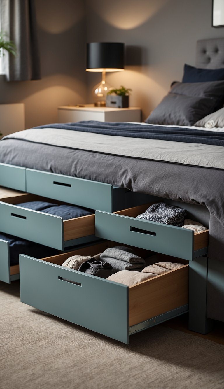 A couple's bedroom with under-bed storage solutions, including drawers and bins, neatly organized to maximize space and minimize clutter