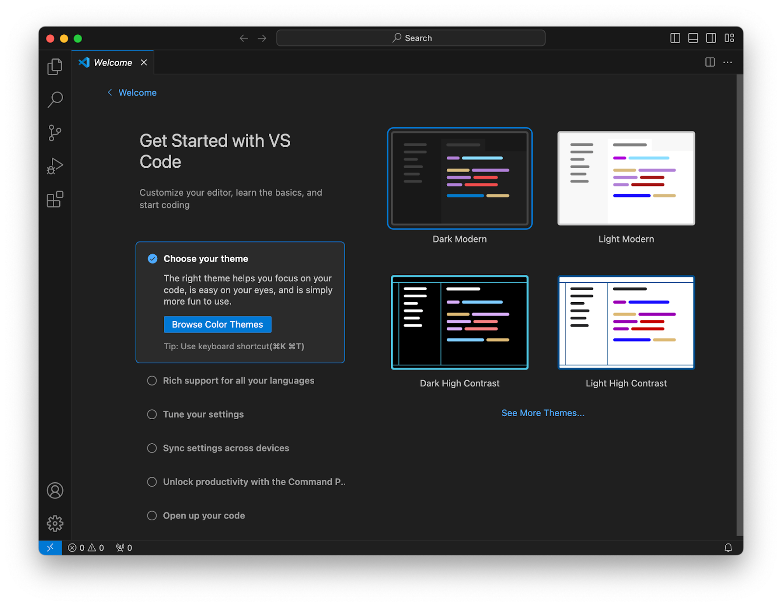Приветственный экран VS Code на macOS