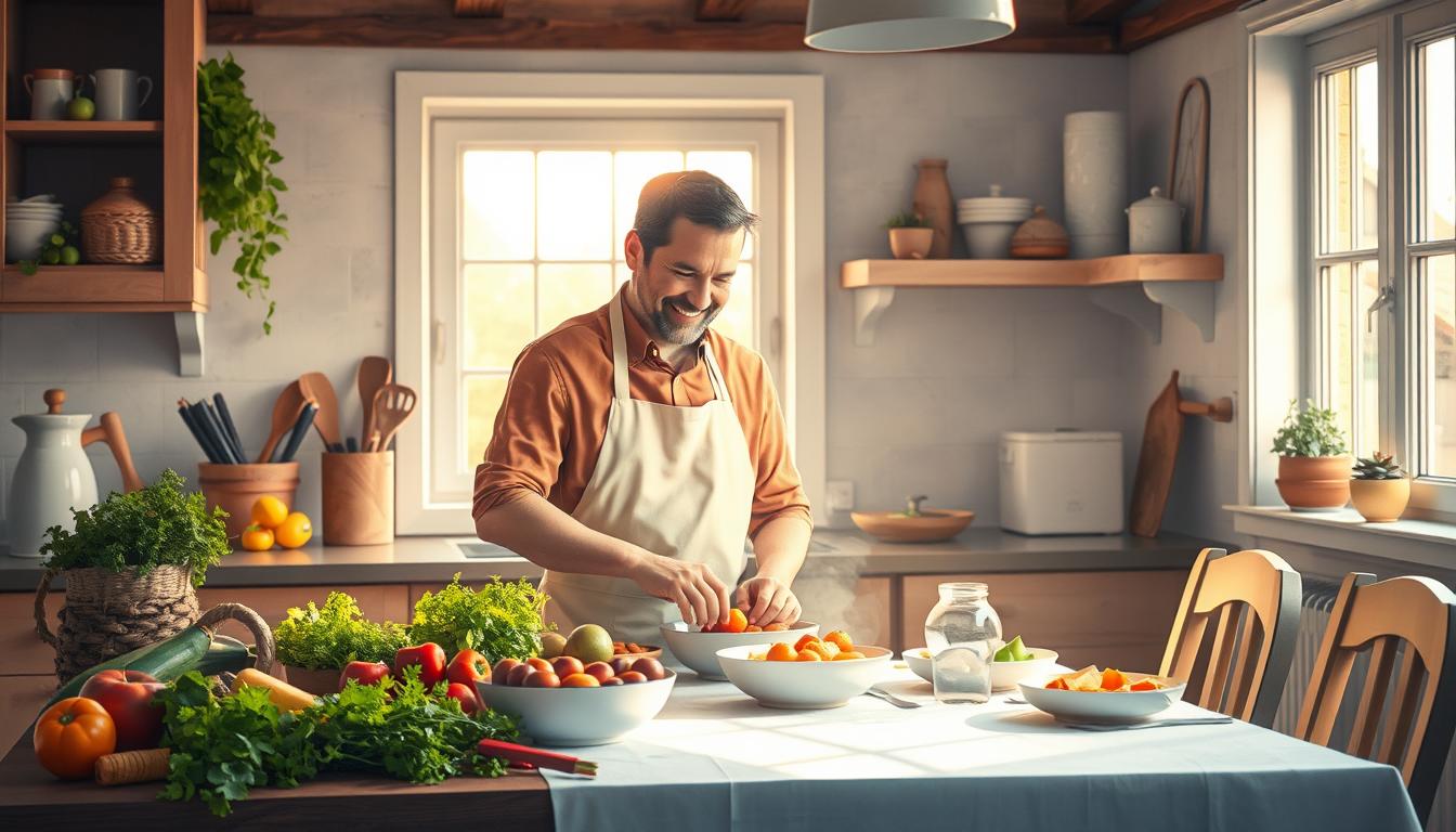 A cozy kitchen scene featuring a Cancer man, engaged in cooking, surrounded by fresh ingredients like vegetables and herbs, wearing an apron, smiling as he prepares a meal, warm sunlight streaming through the windows, soft colors creating a homely atmosphere with decorative items on shelves and a dining table set for a family meal.