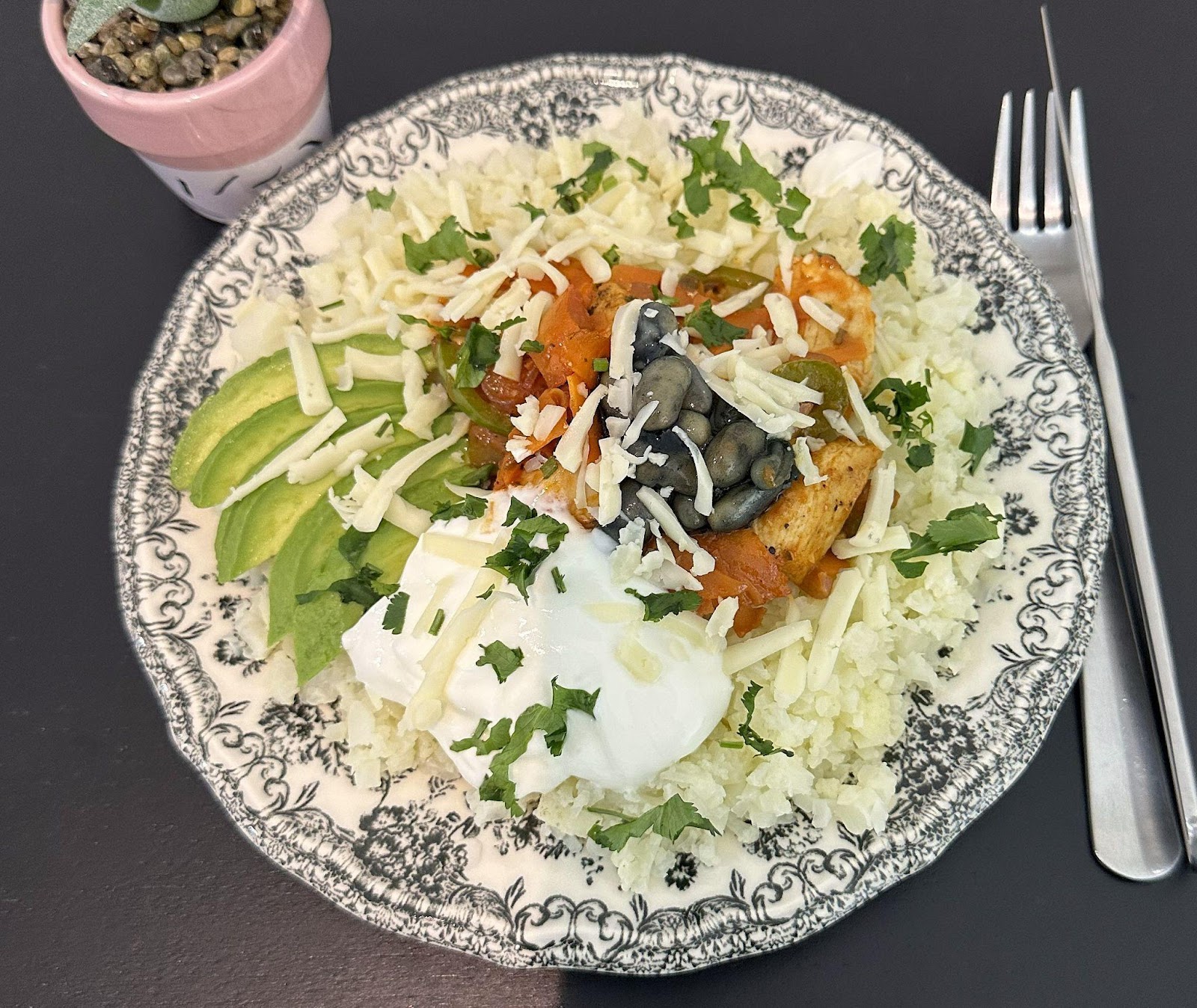 Finished chicken enchilada bowl