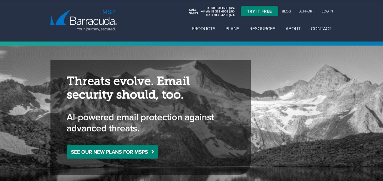 Barracuda Homepage picture. It says, "Threats evolve. Email security should, too."