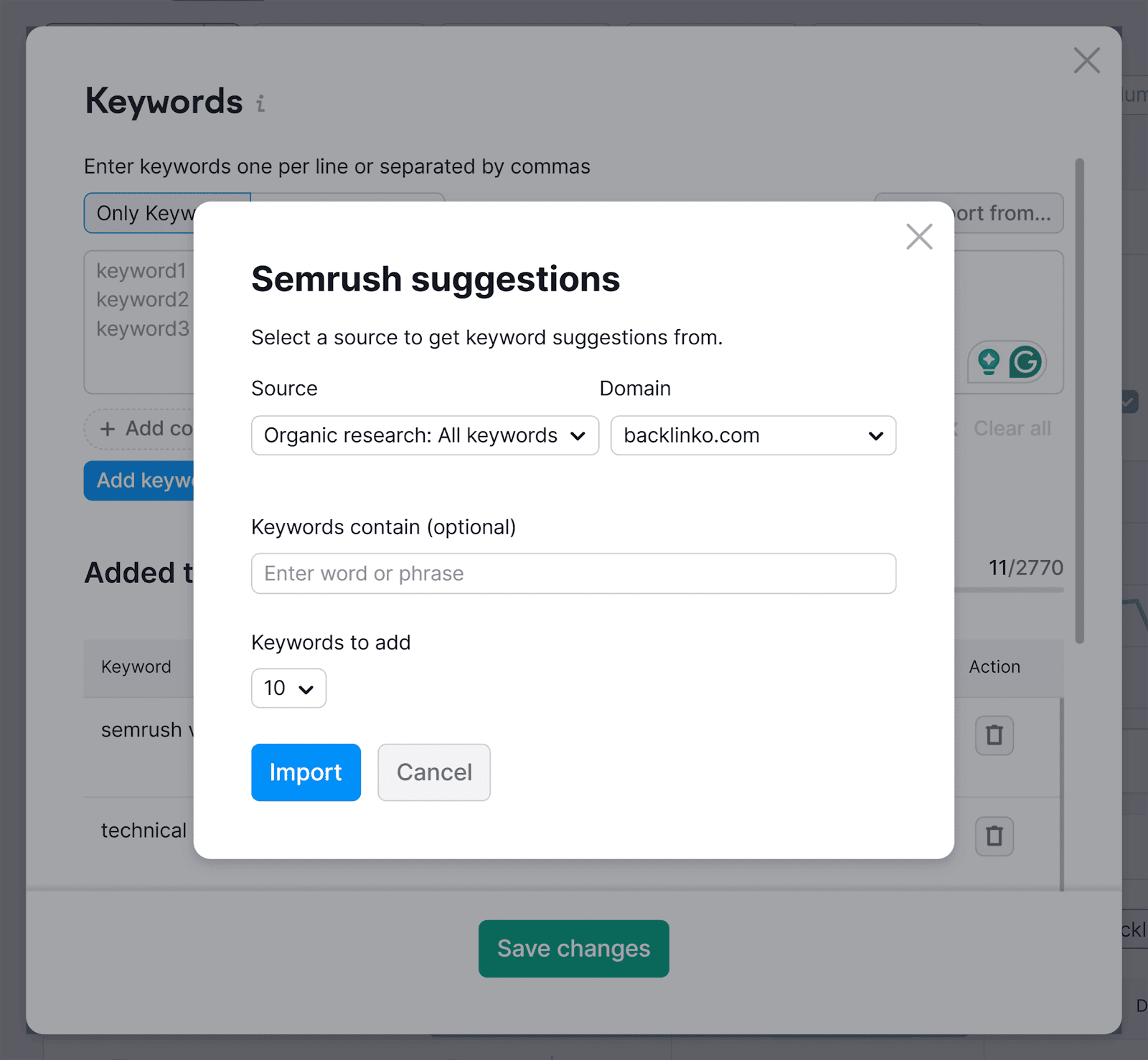 Position Tracking – Add keywords – Semrush suggestions