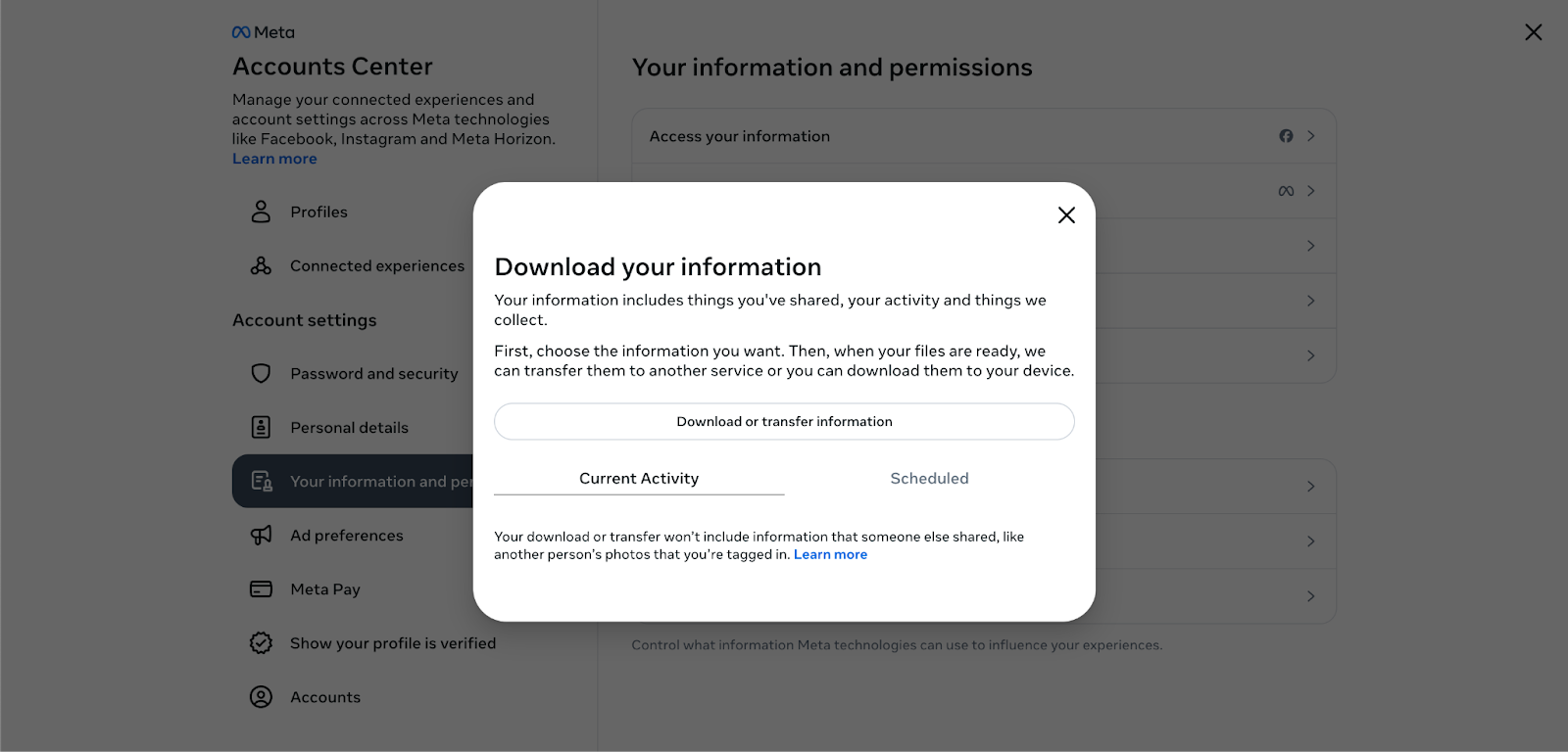 A modal window with "Download Your Information" is displayed at the center of the screen, with a button that reads "Download or Transfer Information."