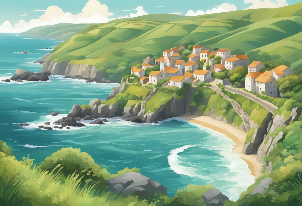 Rolling green hills dotted with ancient stone ruins, winding coastal cliffs meeting the crashing waves, and quaint villages bustling with traditional music and dance