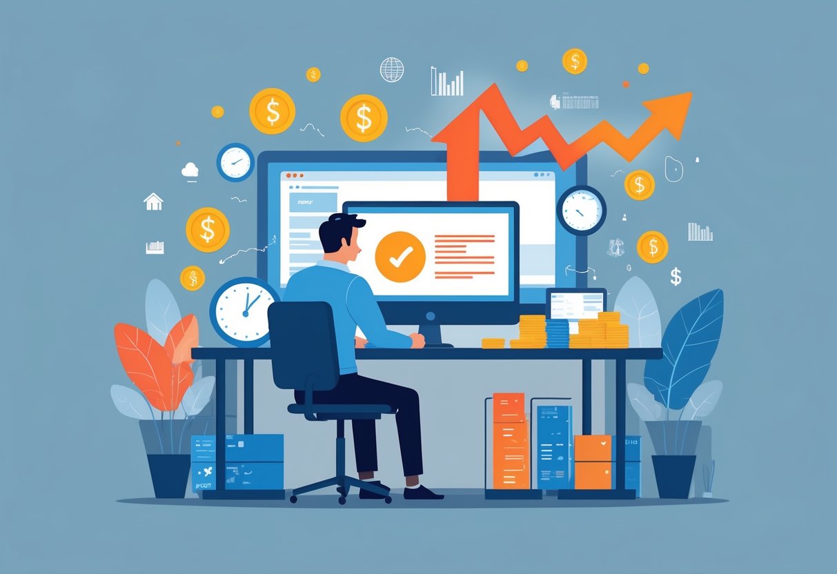 A small business owner looking stressed at a computer with symbols of financial loss and a clock showing lost time around them.