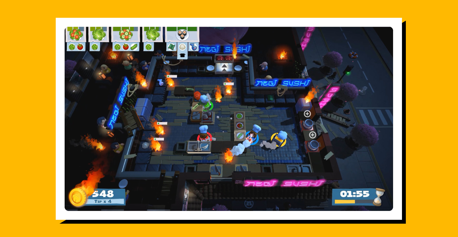 Screenshot of Overcooked 2 gameplay with a stylized yellow border