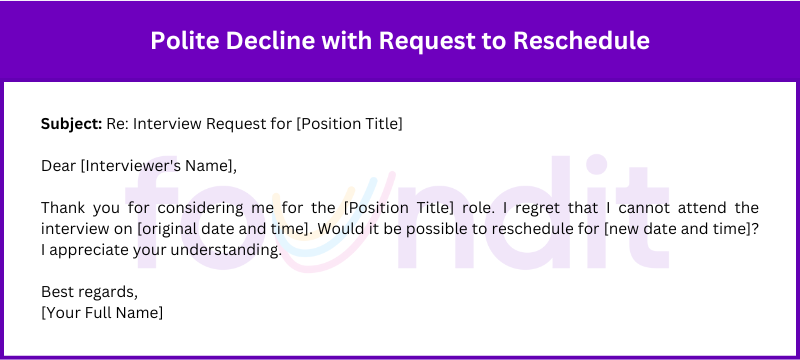 A polite email declining the proposed interview date and requesting to reschedule