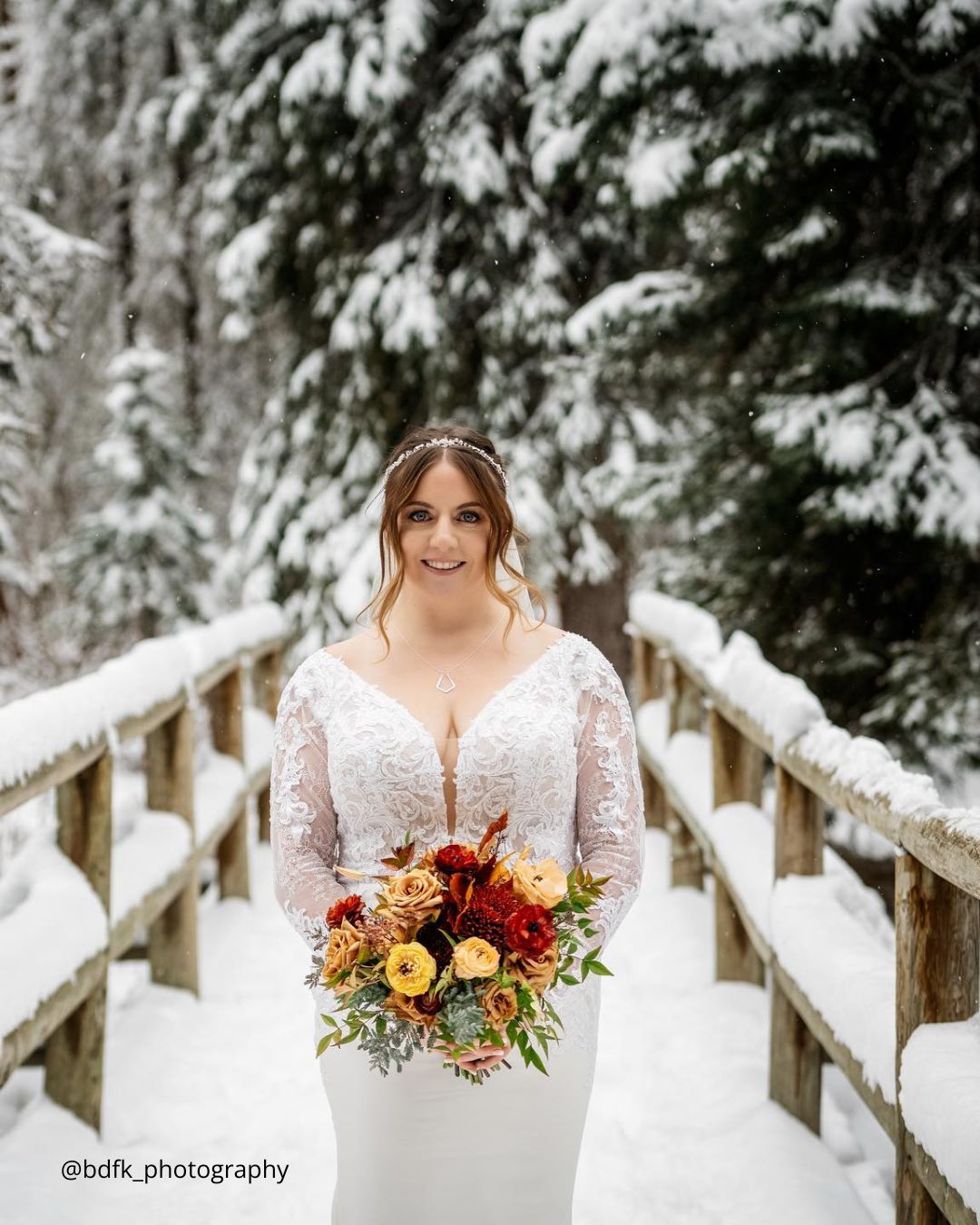 winter wedding photo ideas bride with flowers in the snow