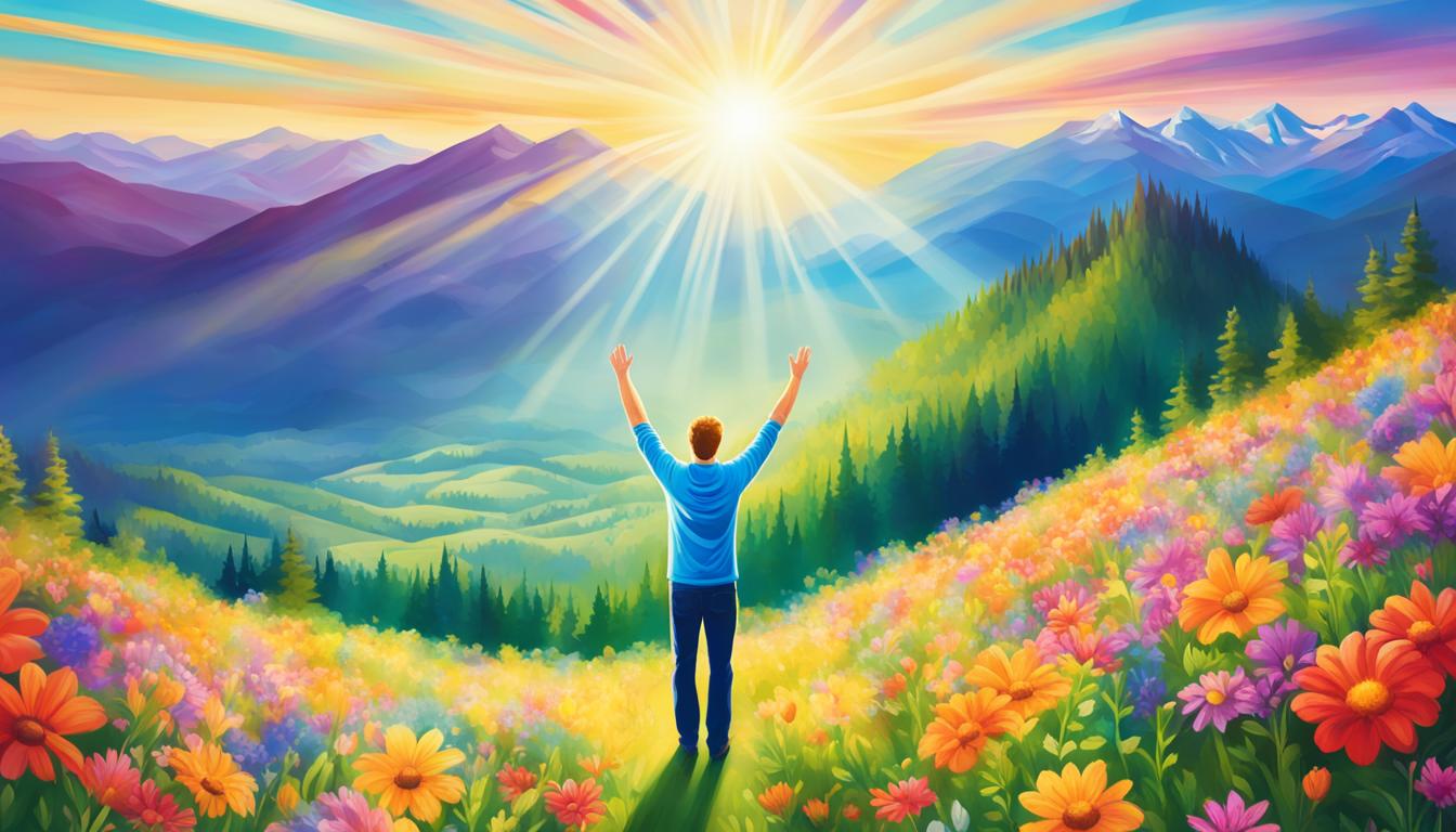 A person standing on top of a mountain with arms raised in the air, looking up at the sky with a feeling of pure gratitude. The sun is shining bright, casting a warm glow on the person's face, and there are fields of lush greenery and blooming flowers stretching out below them. The person is surrounded by an aura of positive energy, radiating joy and thankfulness for the abundance in their life.