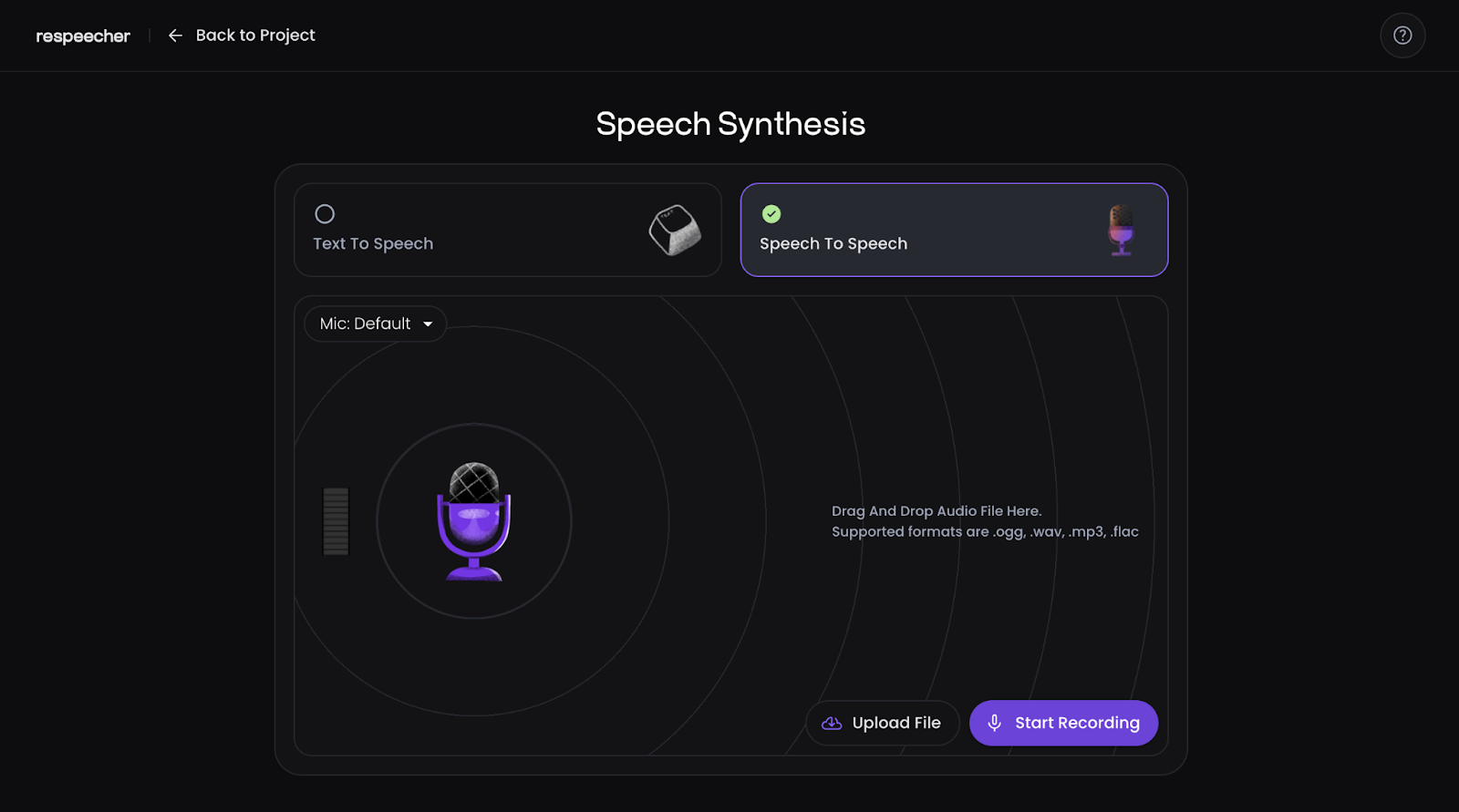 Speech Synthesis interface displaying two tabs - Text To Speech and Speech To Speech, with Speech To Speech selected. Central area shows a purple microphone icon with concentric circles, microphone selection dropdown, and options to upload audio files (.ogg, .wav, .mp3, .flac) or start recording, all on a dark theme interface.