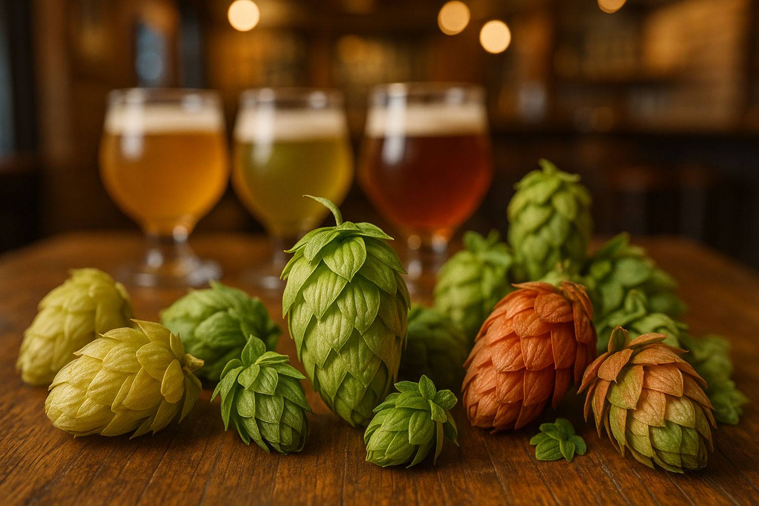 A close-up photorealistic shot showcasing various types of hop cones, including Saaz, Cascade, and Citra, displayed on a wooden table in a brewery tasting room, highlighting their distinct colors, textures, and aromatic profiles, captured under warm, inviting lighting, with sample beer glasses in the background for context.