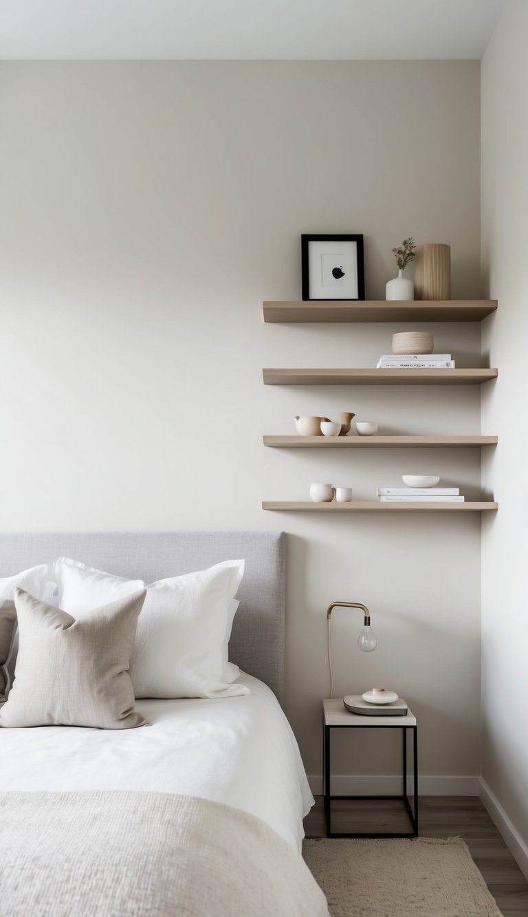 A serene bedroom with clean lines and neutral colors. Floating shelves display minimal decor and create a sense of calm and simplicity