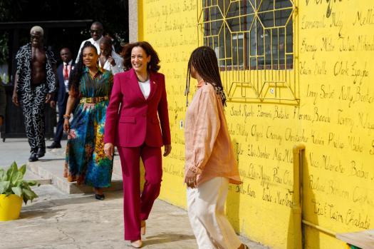 U.S. Vice President Kamala Harris, centre, followed by actress Sheryl Lee Ralph, visits the Vibration studio at the freedom skate park in Accra, Ghana, Monday March 27, 2023. Vibration studios is a work station for young creative artists that includes a community recording studio and music business program. Harris is on a seven-day African visit that will also take her to Tanzania and Zambia. (AP Photo/Misper Apawu)
