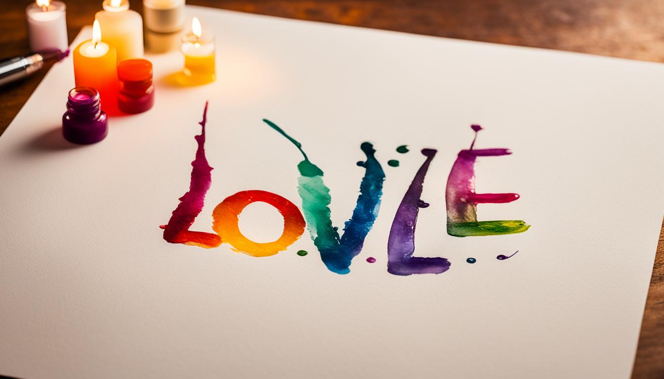 A quill pen inscribed with the word "Love" sitting on a blank sheet of parchment paper. The pen is surrounded by an array of colorful ink bottles, each labeled with a different emotion. The parchment is illuminated by soft candlelight, casting a warm glow over the scene.