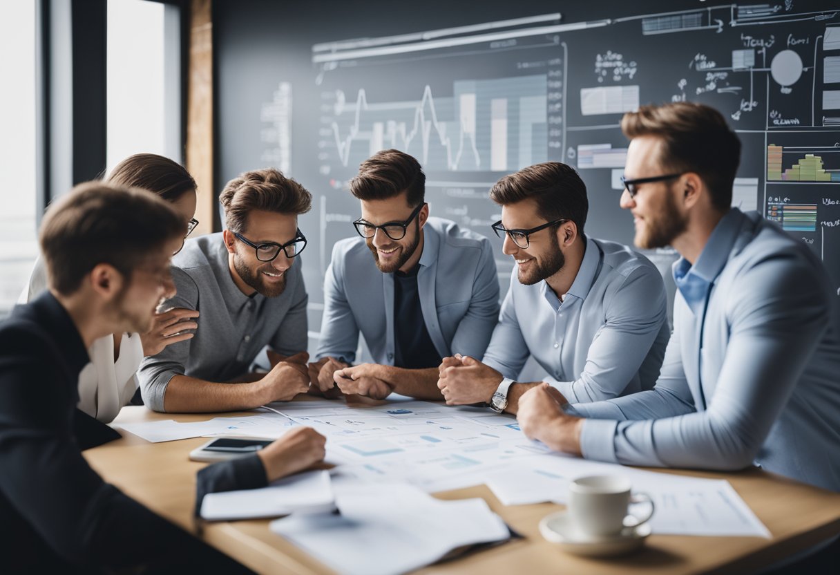 A digital marketing team brainstorming link building strategies on a whiteboard, surrounded by charts and graphs