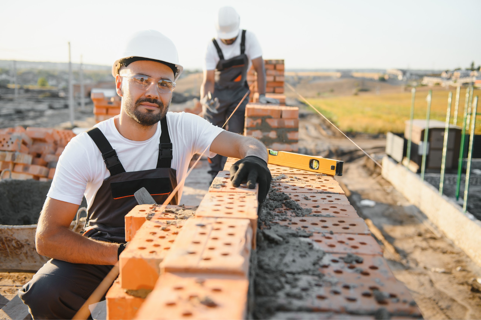 Construction workers laying bricks.