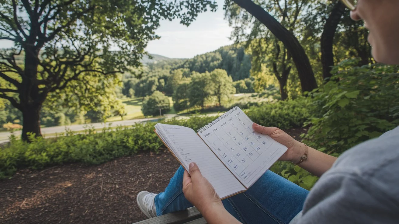 A person setting up a nature therapy plan with a journal and a calendar, with a scenic park view in the background