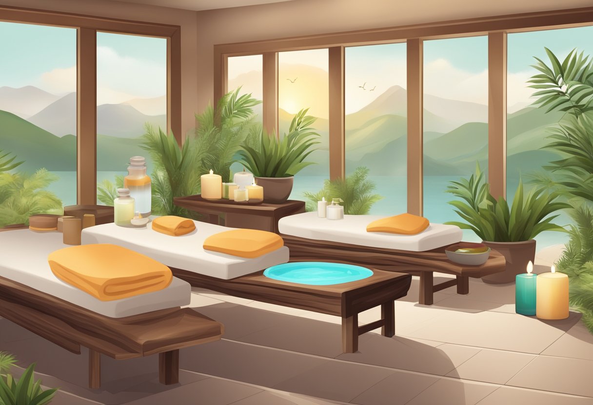 A tranquil spa setting with massage tables, aromatherapy oils, and soothing music. A menu of customizable spa treatments displayed on a counter