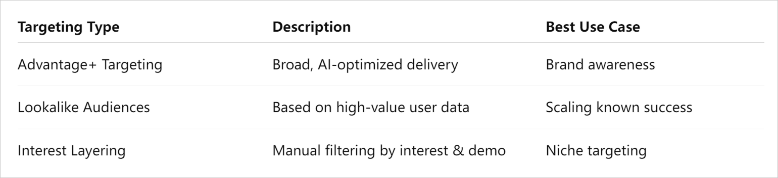 Clean table comparing 3 Facebook ad audience types