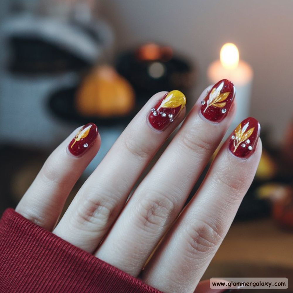 Thanksgiving Nail Designs having Glittery Fall Foliage Nails
