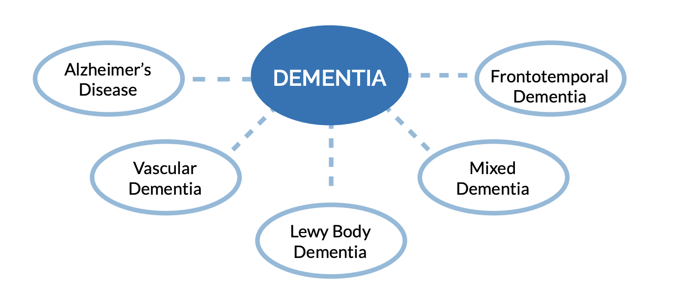  A diagram showing the different diagnoses that are under the umbrella term of Dementia. These diagnoses include Alzheimer's disease, vascular dementia, Lewy body dementia, mixed dementia, and frontotemporal dementia. 